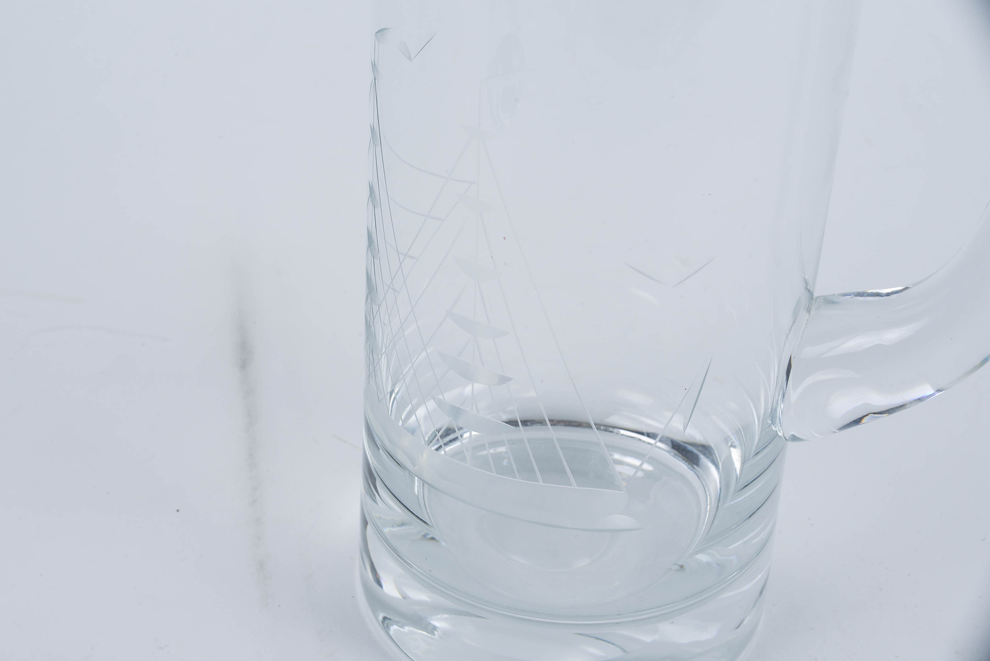 Austrian Javit Cut Crystal Pitcher with Clipper Ship Motif and Footed Glass