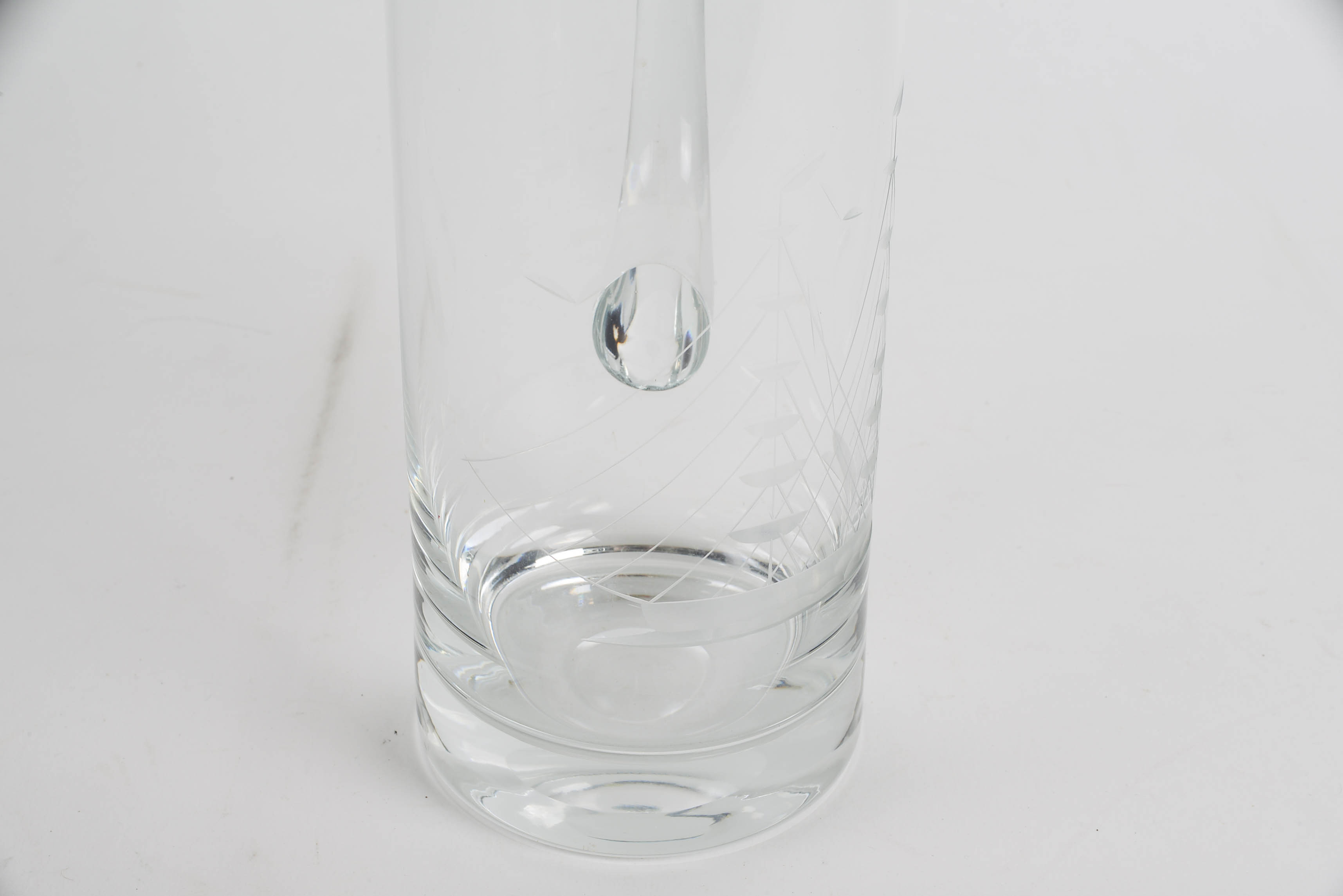 Austrian Javit Cut Crystal Pitcher with Clipper Ship Motif and Footed Glass