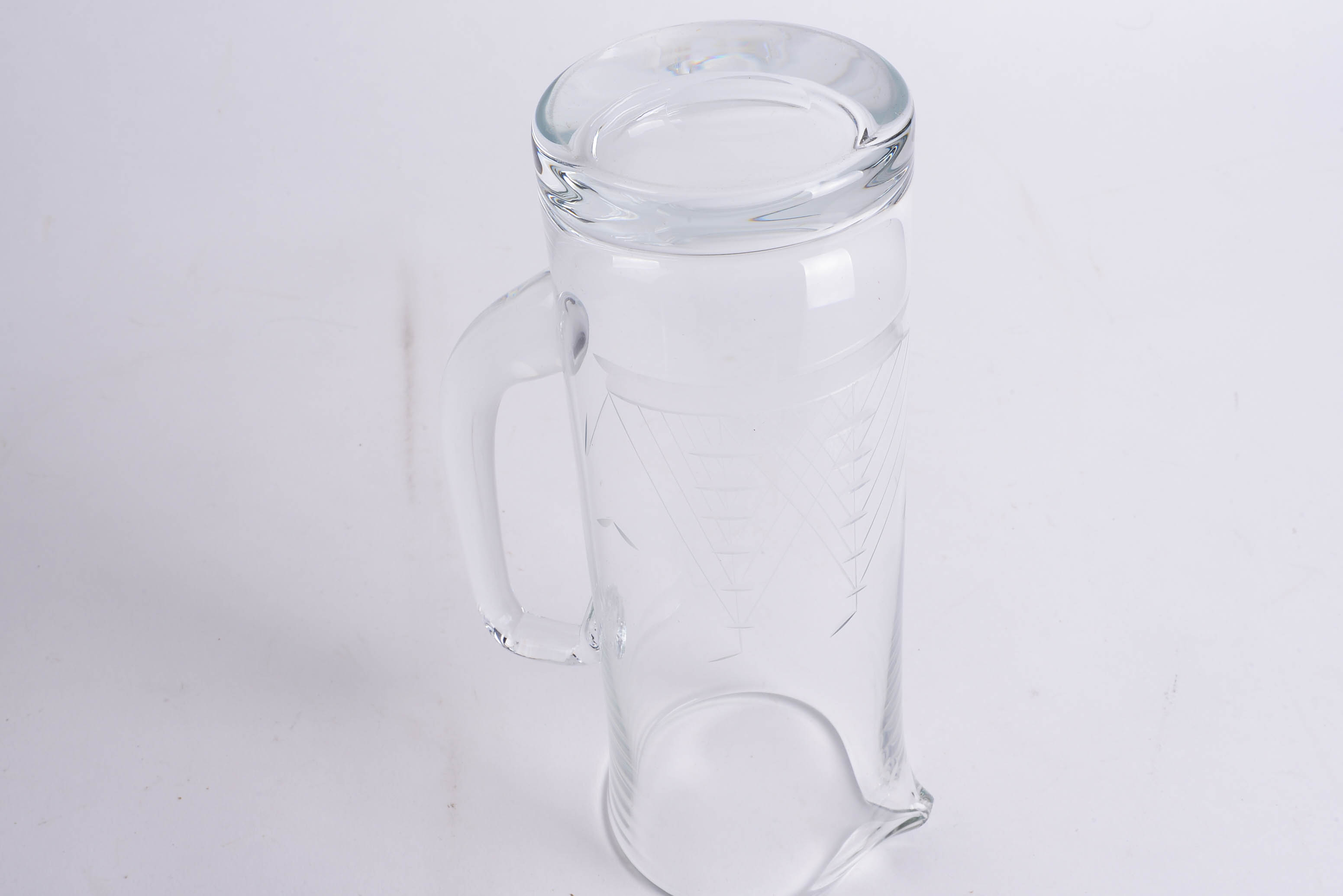Austrian Javit Cut Crystal Pitcher with Clipper Ship Motif and Footed Glass