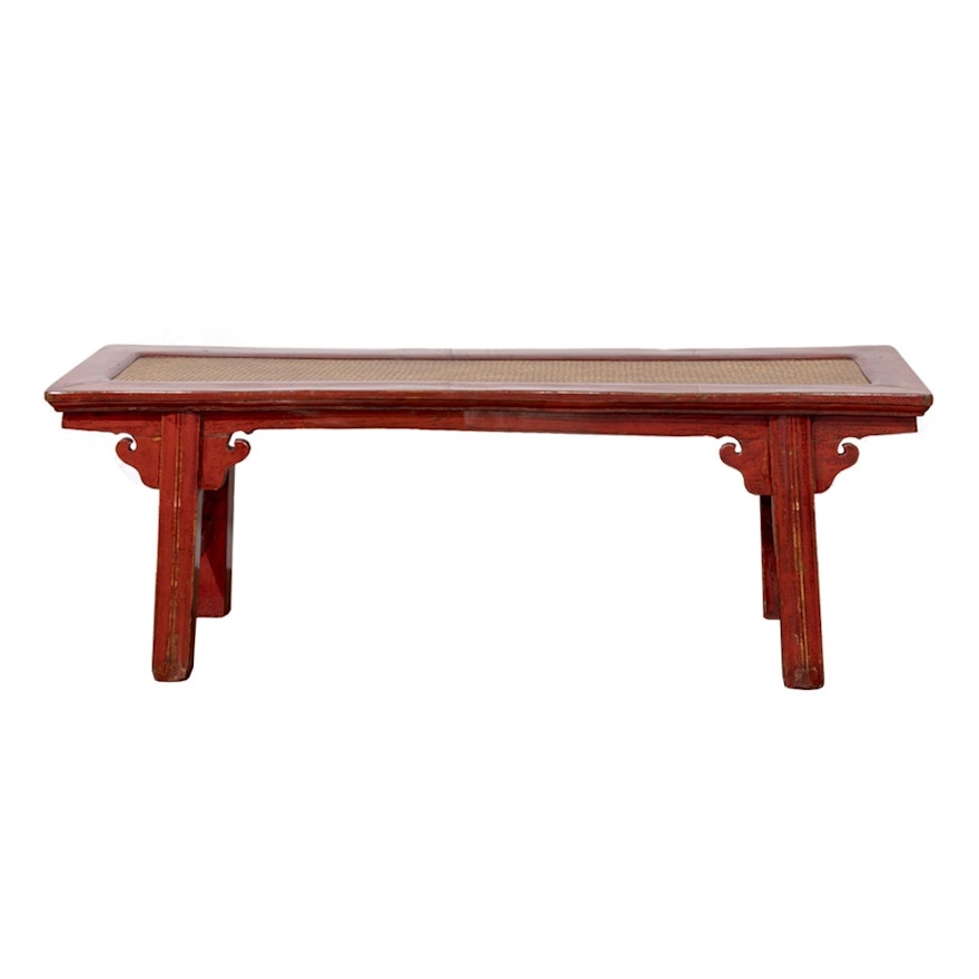 Red Lacquered Asian Style Elm and Wicker Accent Bench