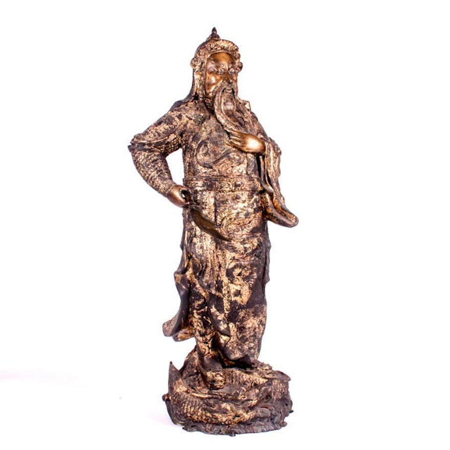Large Finely Cast 19th Century Chinese Gilt Bronze Sculpture of Guan Yu