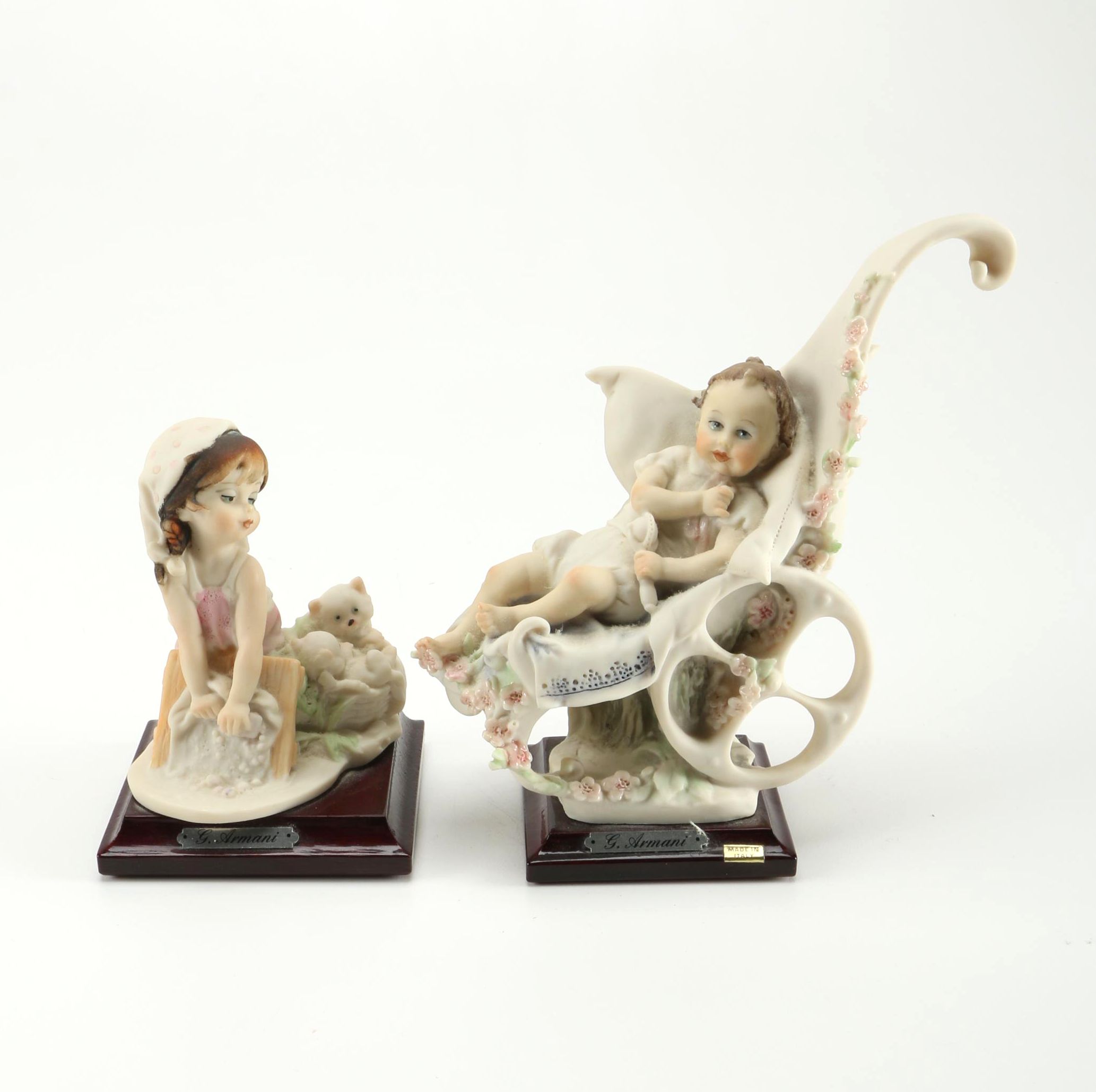 Giuseppe Armani Porcelain Figurines of Baby in Stroller and Girl Washing Clothing