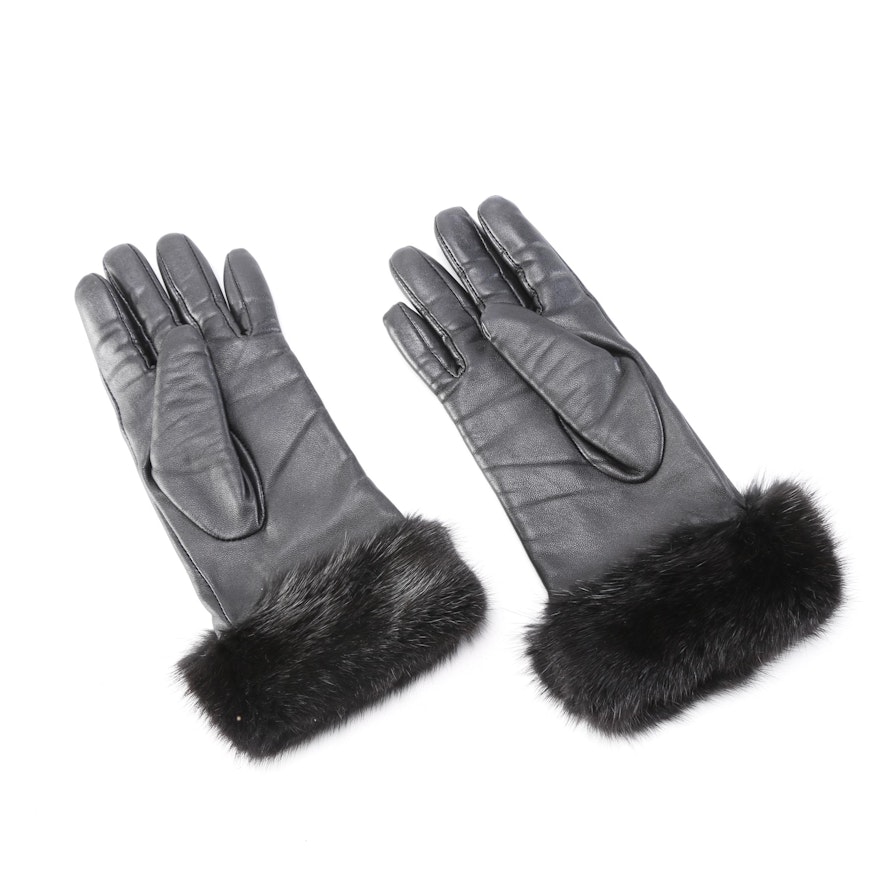 Pair of Black Leather and Faux Fur Gloves