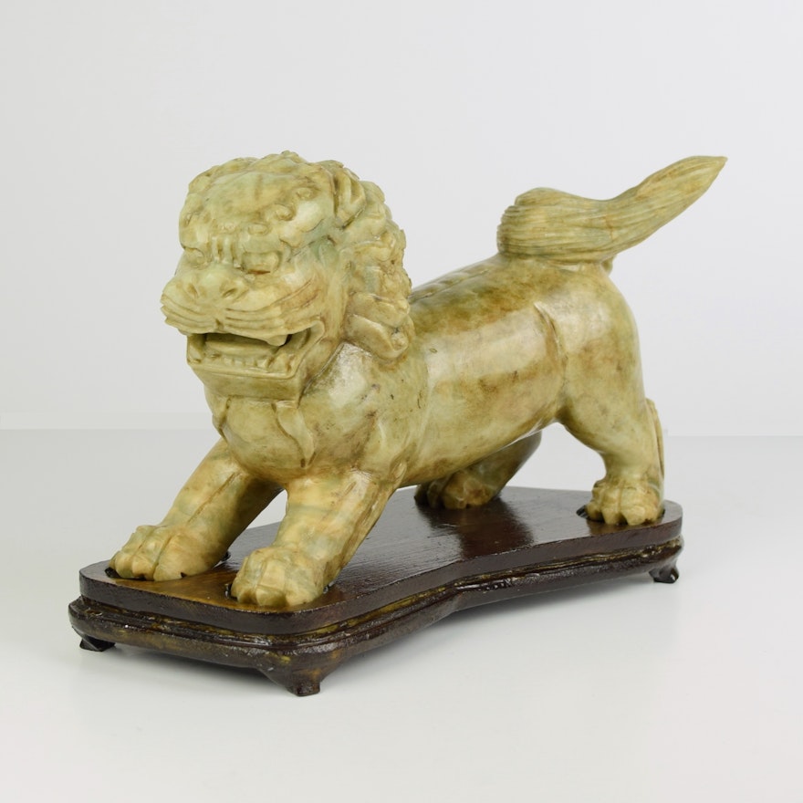 Chinese Carved Stone Guardian Lion on Fitted Wood Stand