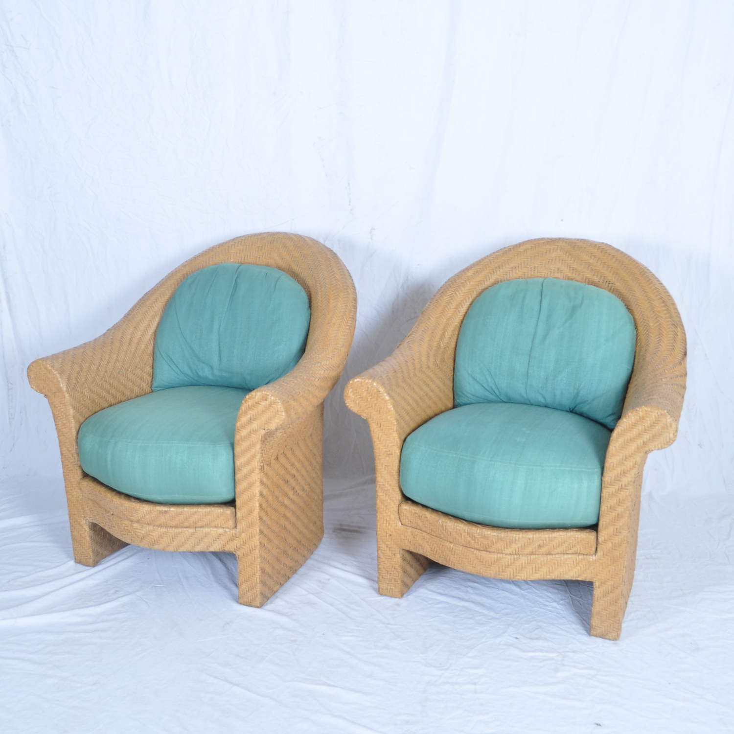 Pair of Green Cushioned Wicker Patio Chairs