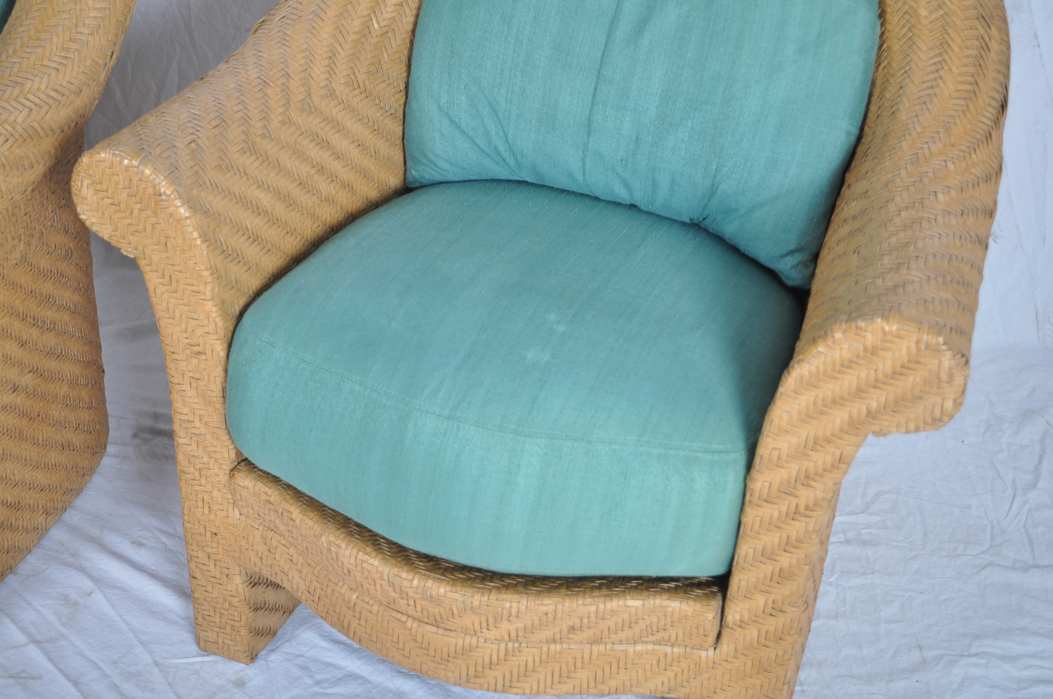 Pair of Green Cushioned Wicker Patio Chairs