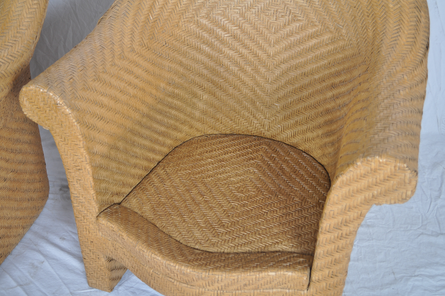 Pair of Green Cushioned Wicker Patio Chairs