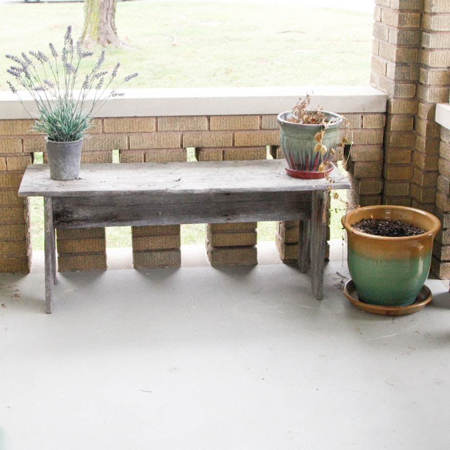 Primitive Wooden Bench with Planters