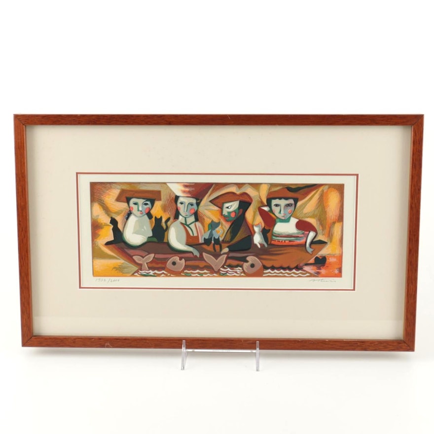 Signed Limited Edition Serigraph of Figures with Cats in a Boat