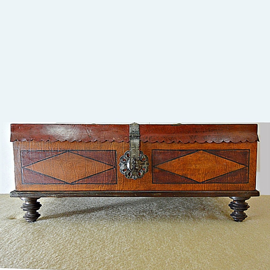 Vintage Spanish Style Leather Trunk with Ralph Lauren Linens