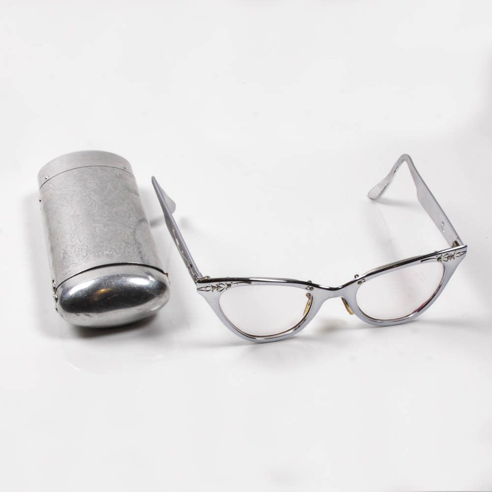 1950's Aluminum Cat Eye Glasses and Case