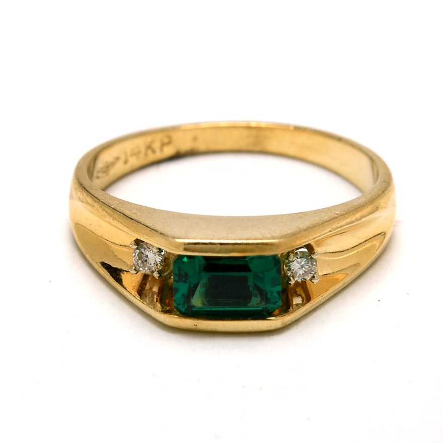 14K Yellow Gold Synthetic Emerald and Diamond Ring