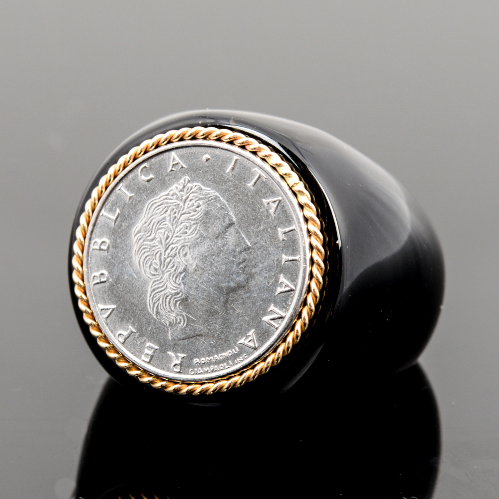 Milor 14K Yellow Gold Black Onyx Italian Coin Ring