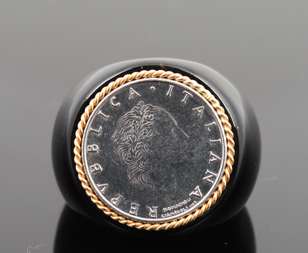 Milor 14K Yellow Gold Black Onyx Italian Coin Ring