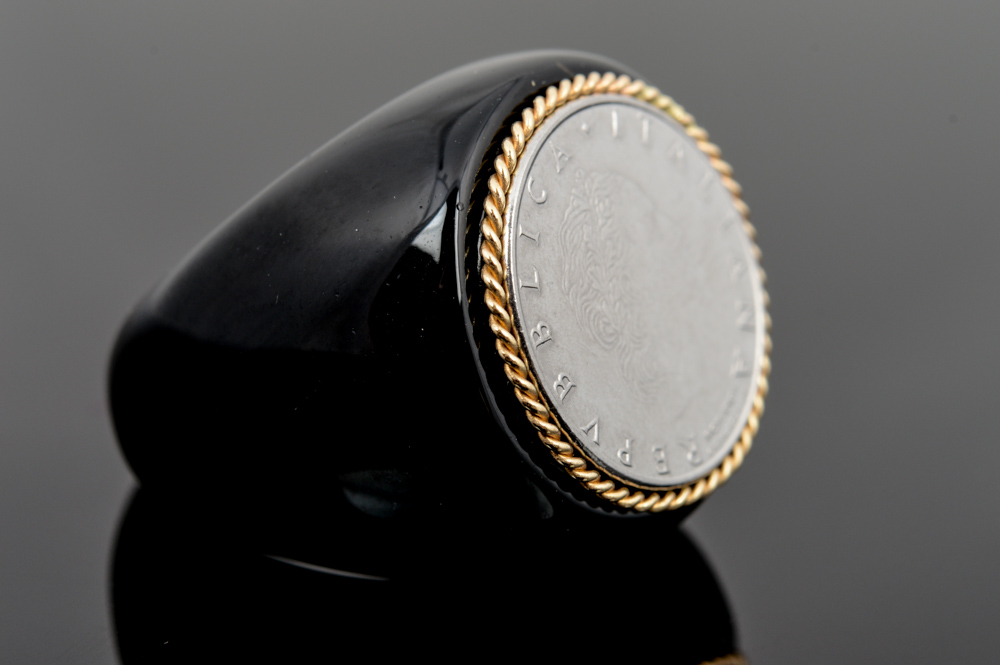 Milor 14K Yellow Gold Black Onyx Italian Coin Ring