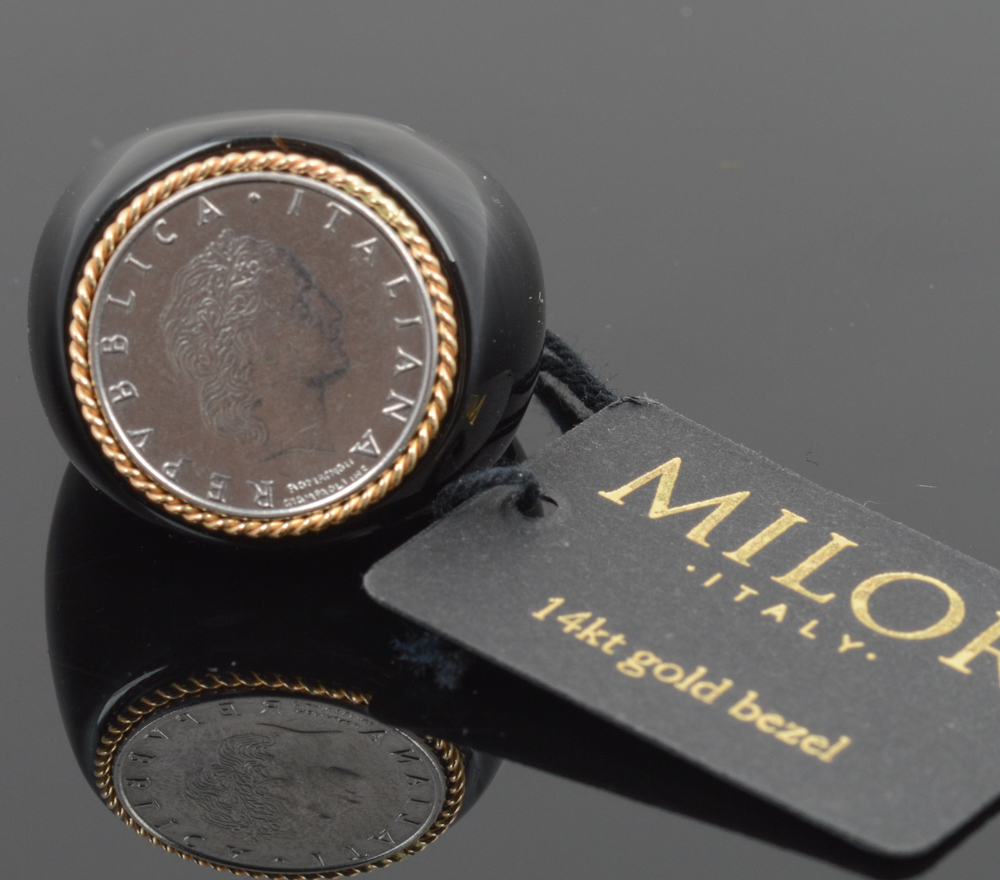 Milor 14K Yellow Gold Black Onyx Italian Coin Ring