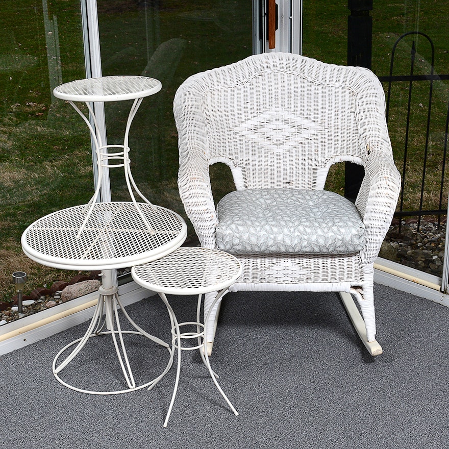 Vintage Wicker Rocking Chair and Three Metal Patio Tables