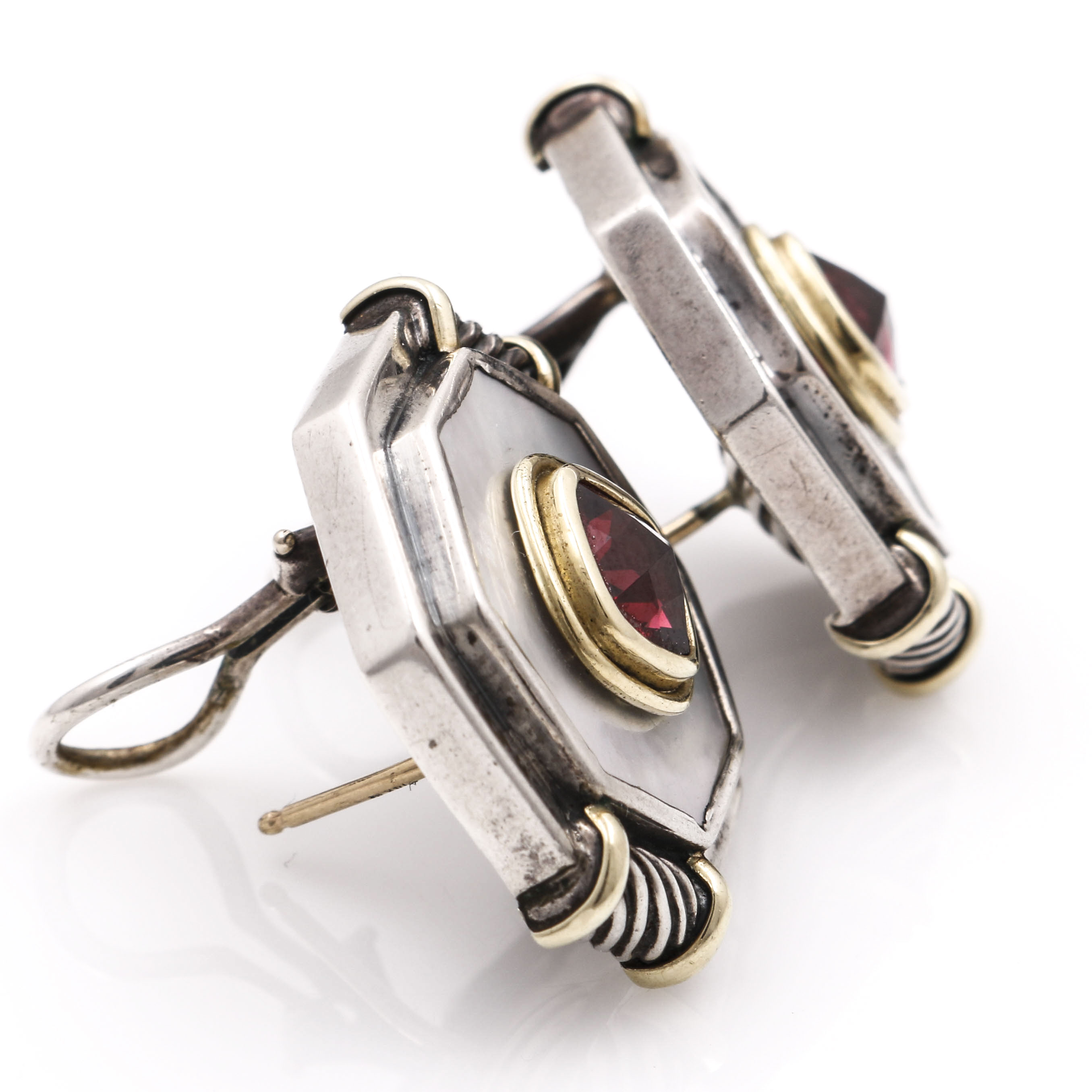Vintage David Yurman Sterling Silver and 14K Earrings With Garnet