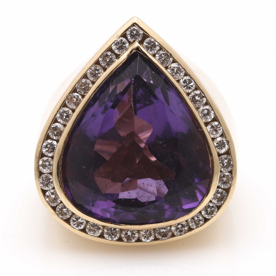 14K Yellow Gold Amethyst and Diamond Ring