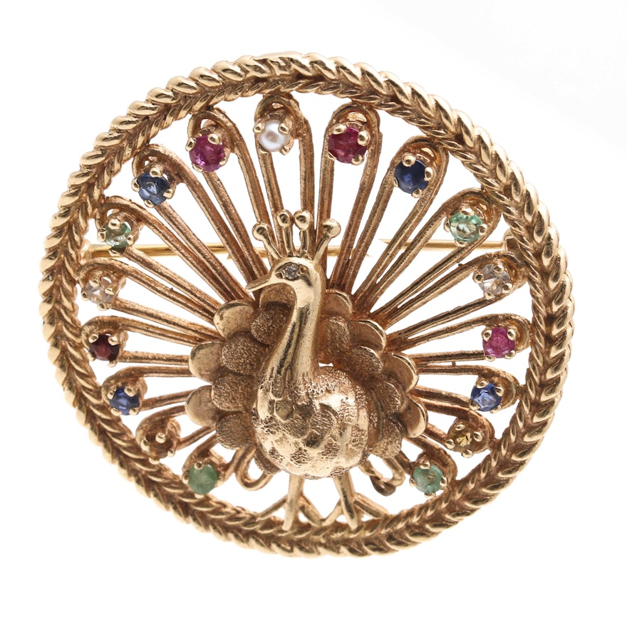 14K Yellow Gold Gemstone Peacock Brooch