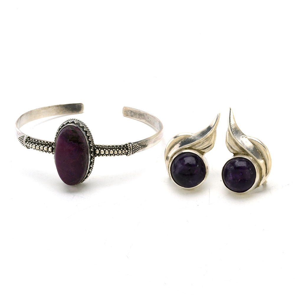 Sterling Silver Sugilite Cuff and Sterling and Amethyst Earrings