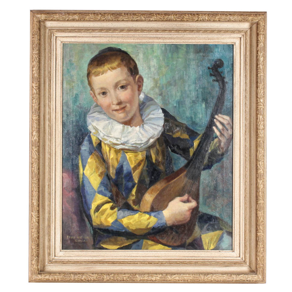 Vintage Oil Painting on Canvas of Boy Harlequin