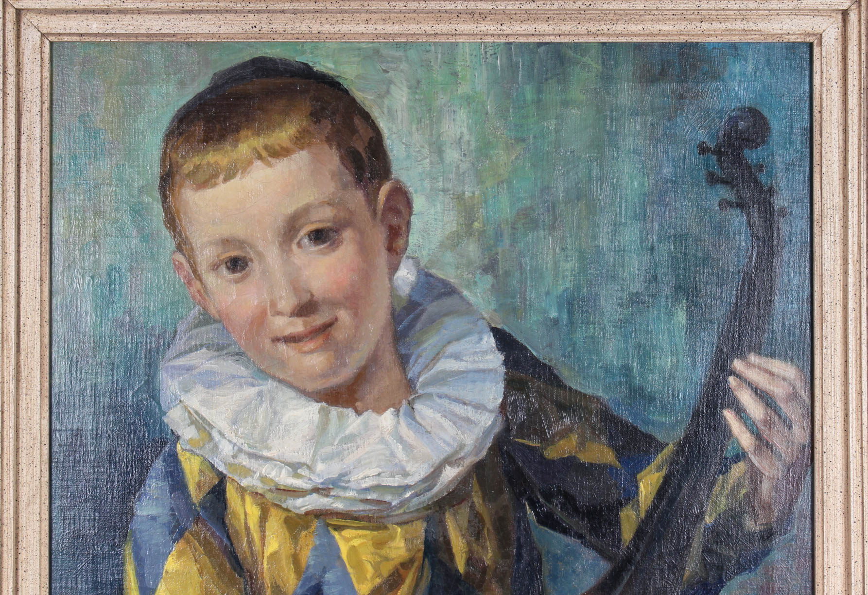 Vintage Oil Painting on Canvas of Boy Harlequin