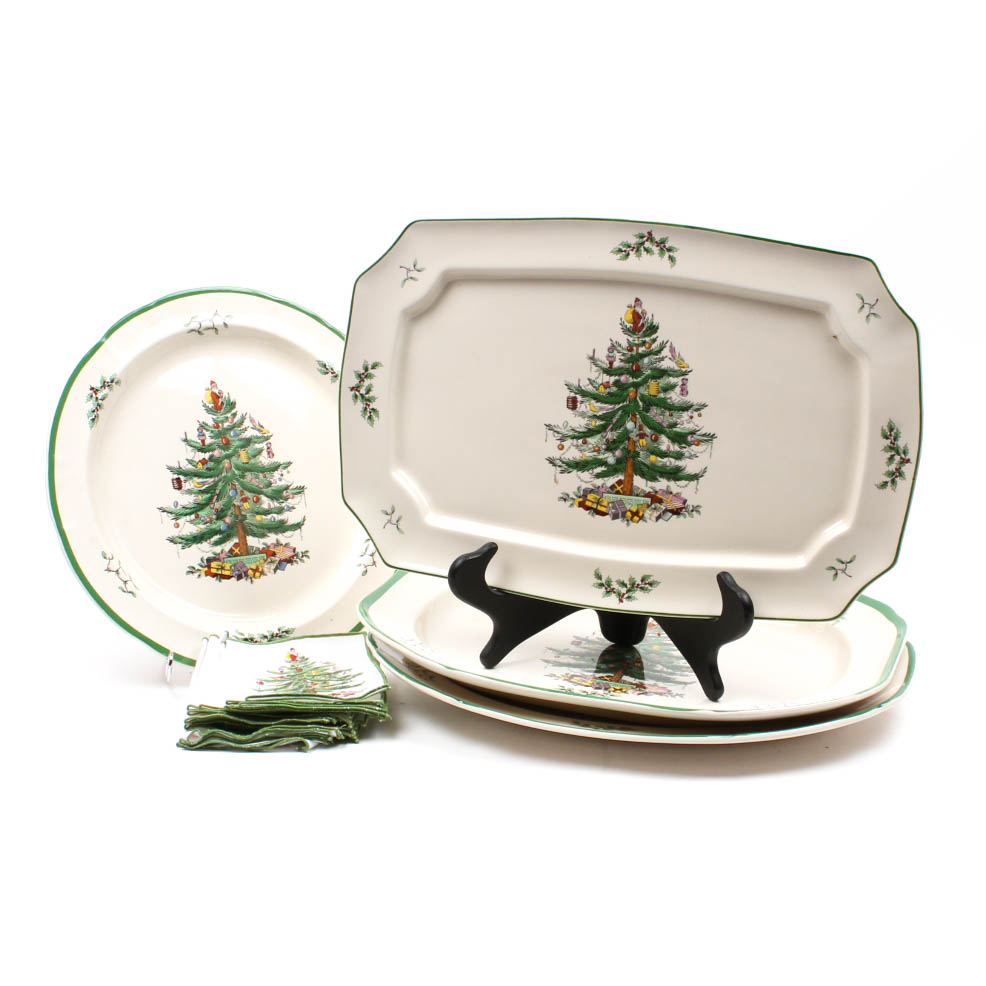 Spode "Christmas Tree" Serving Platters and Cloth Napkins
