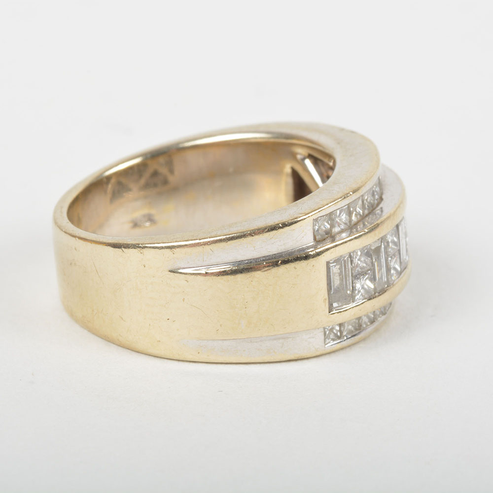 18K White and Yellow Gold Ring with Channel Set Baguette and Round Diamonds