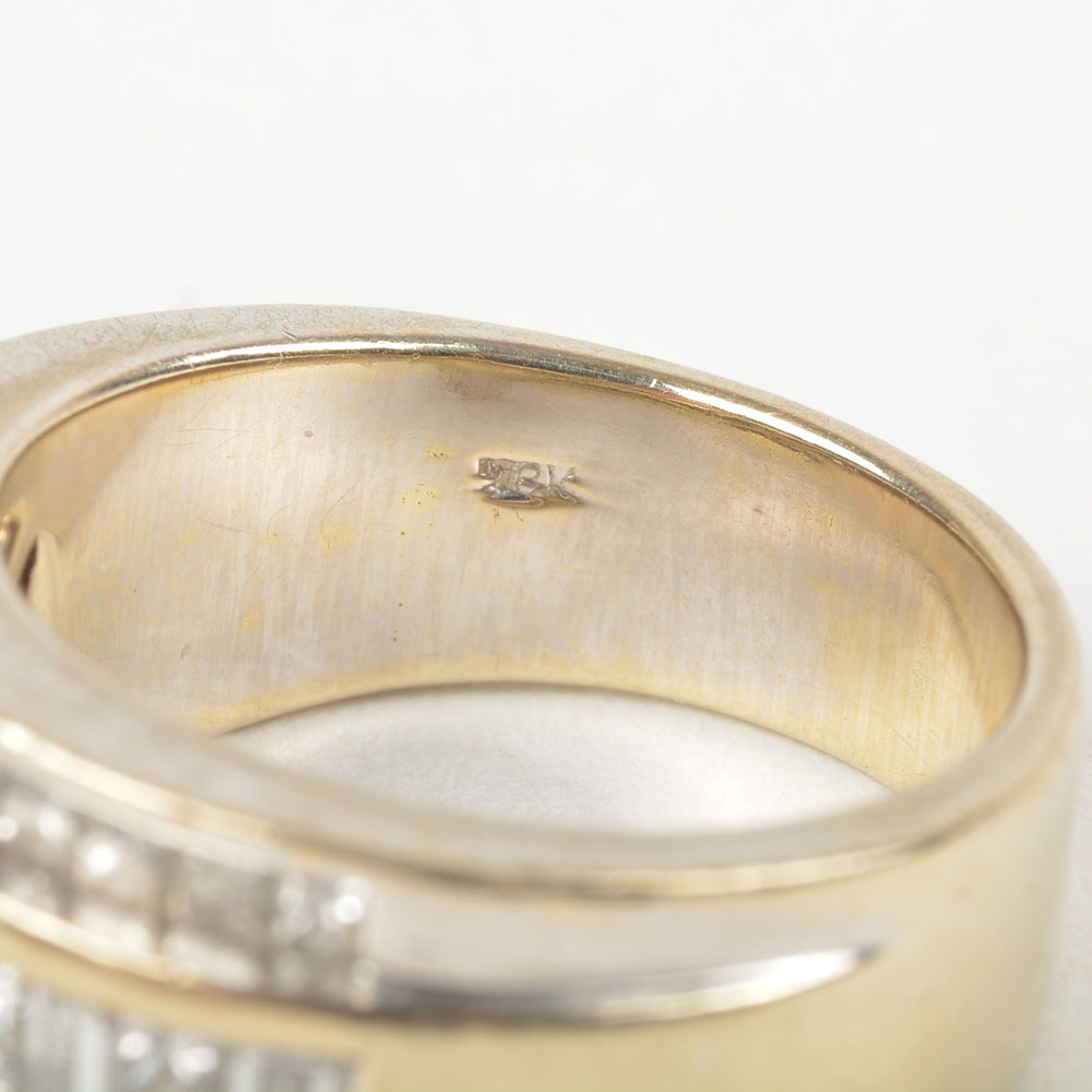 18K White and Yellow Gold Ring with Channel Set Baguette and Round Diamonds