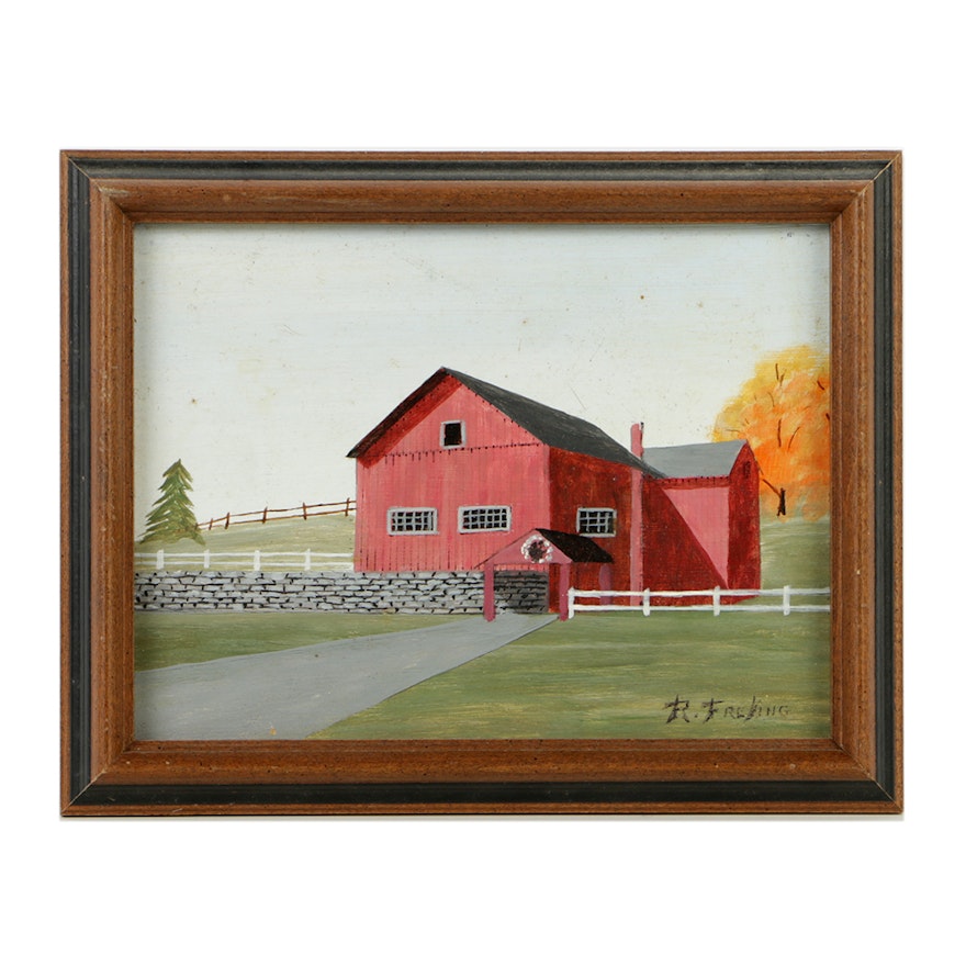 Richard Freking Oil Painting on Board of Red Barn