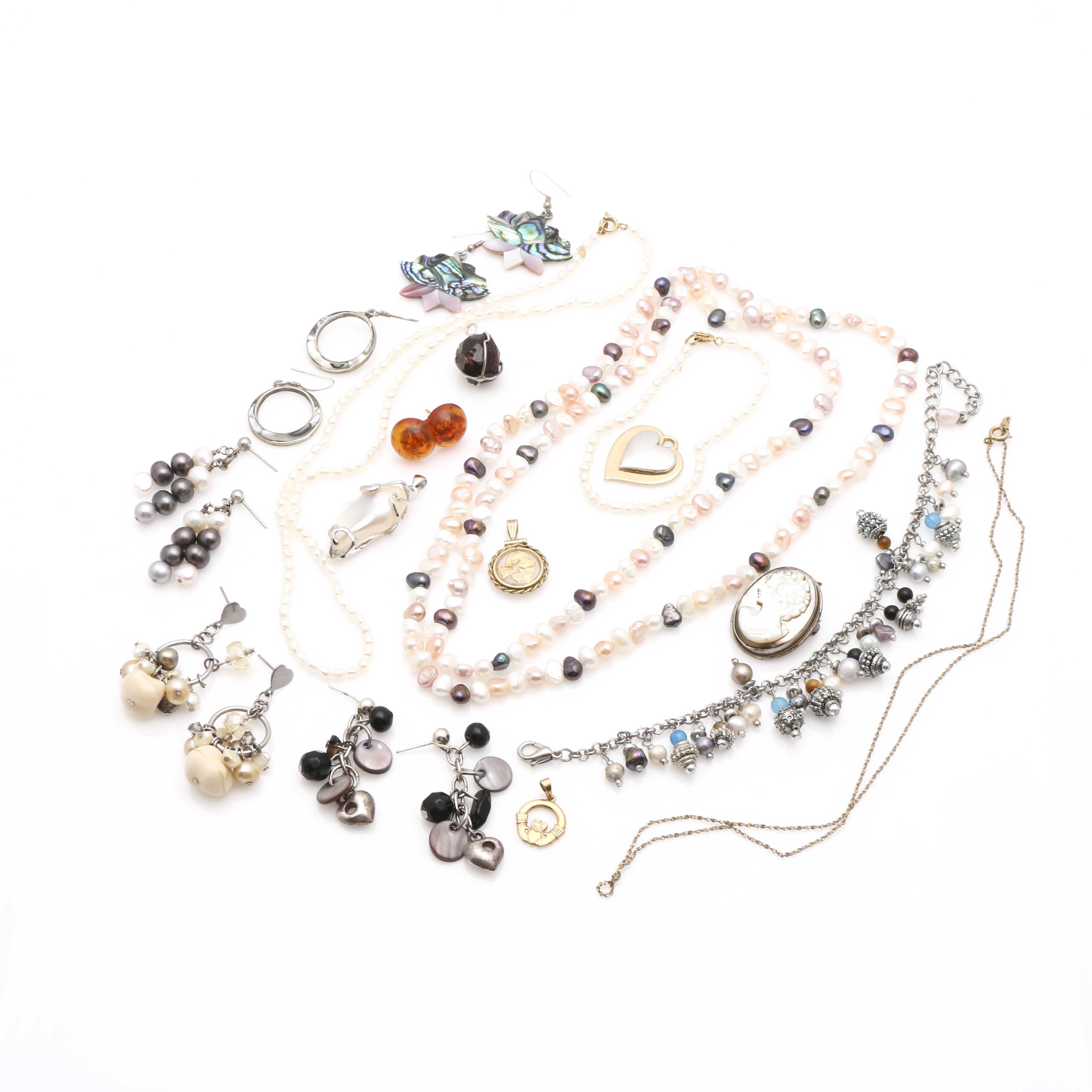 800 Silver Cameo Pendant and Assorted Costume Jewelry