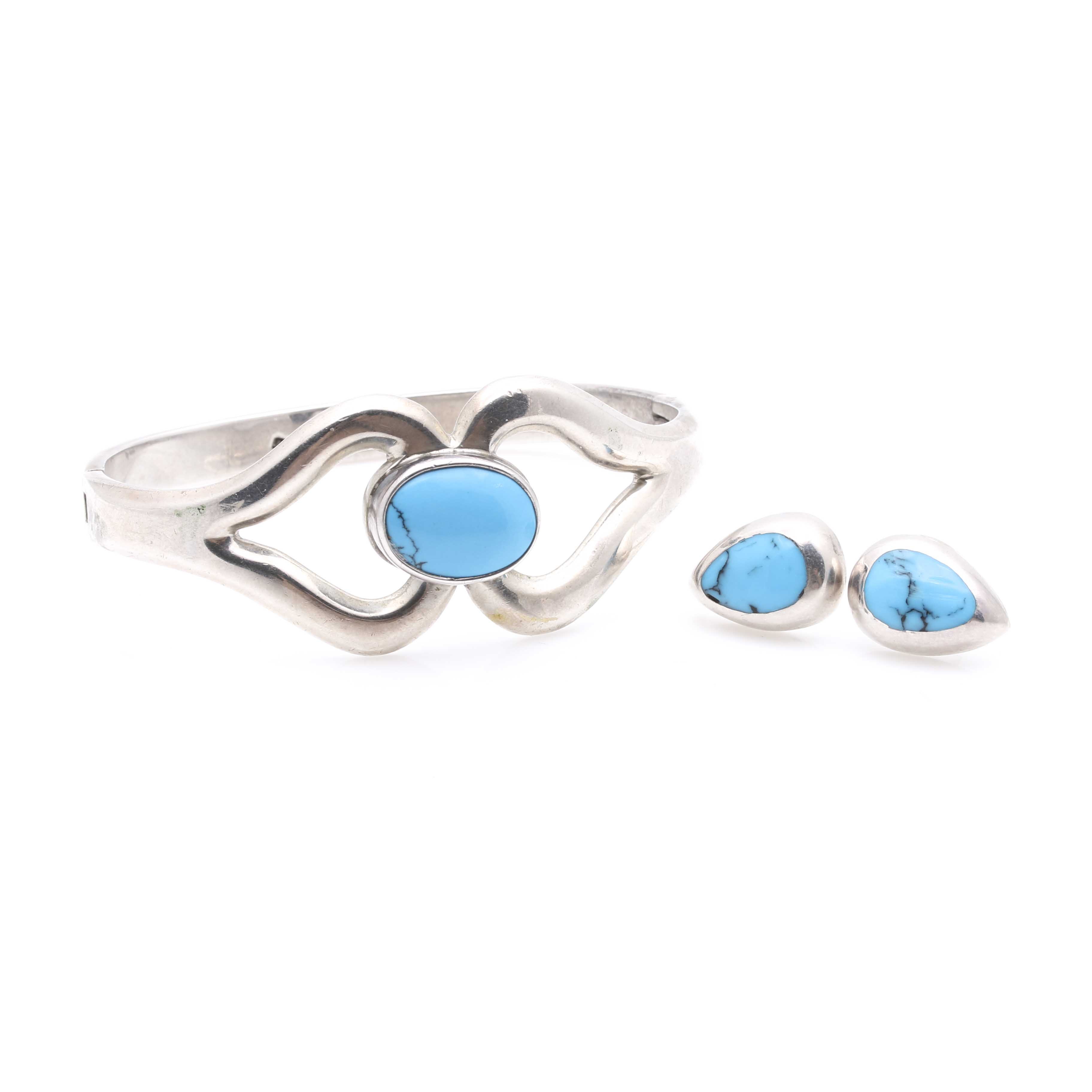 Sterling Silver Imitation Turquoise Bangle and Earrings