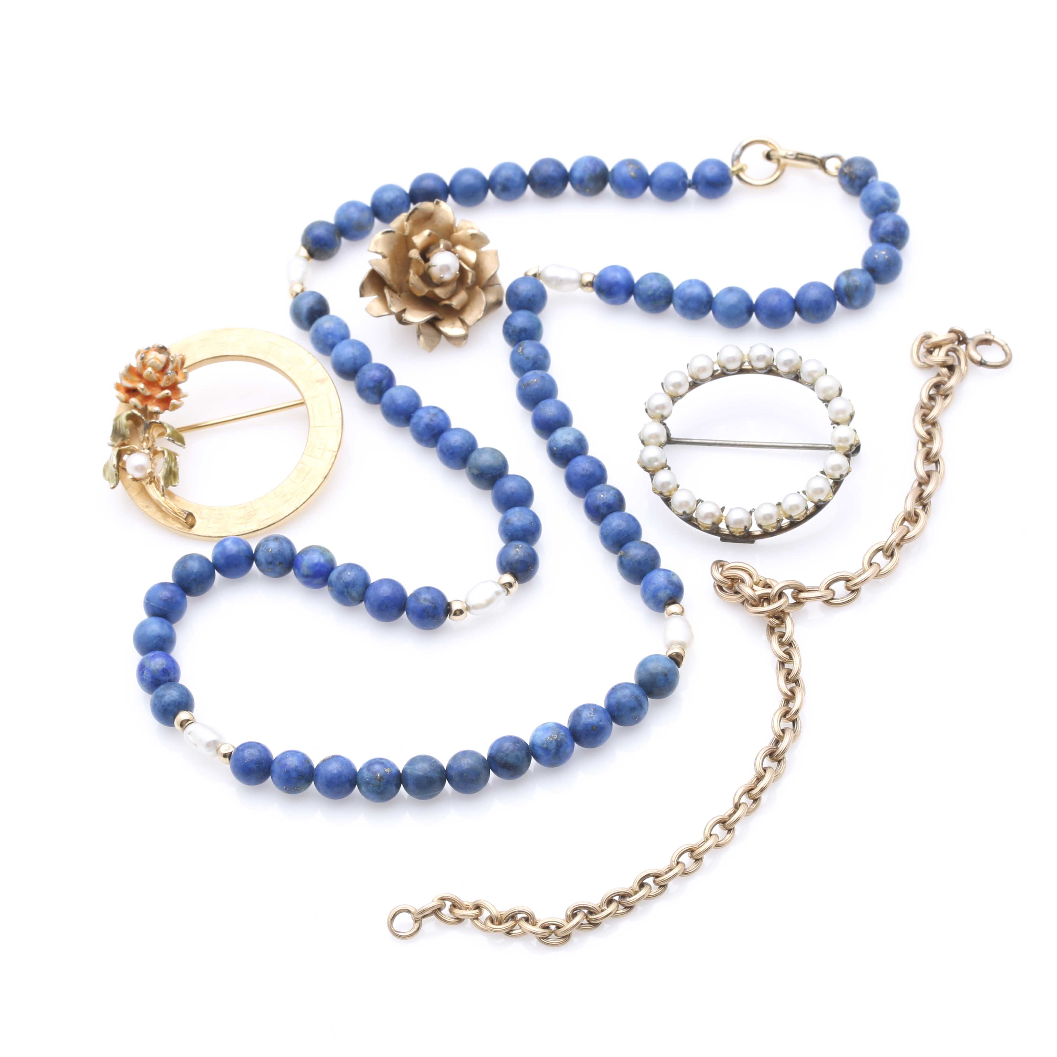 Gold Tone Lapis Lazuli and Cultured Pearl Jewelry