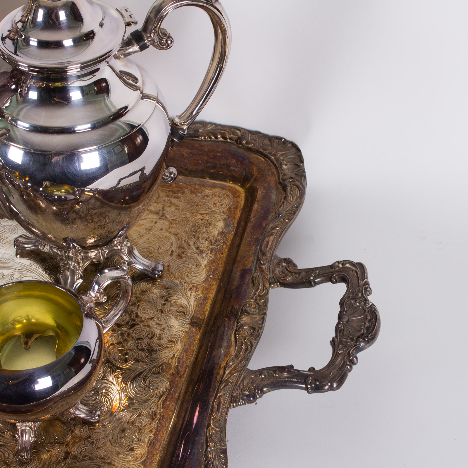 WM Rogers Silver Plate Tea Service Set and a Silver Plate Tray