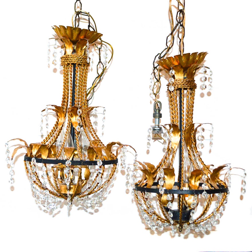 Pair of Twisted Gold Tone and Crystal Chandeliers
