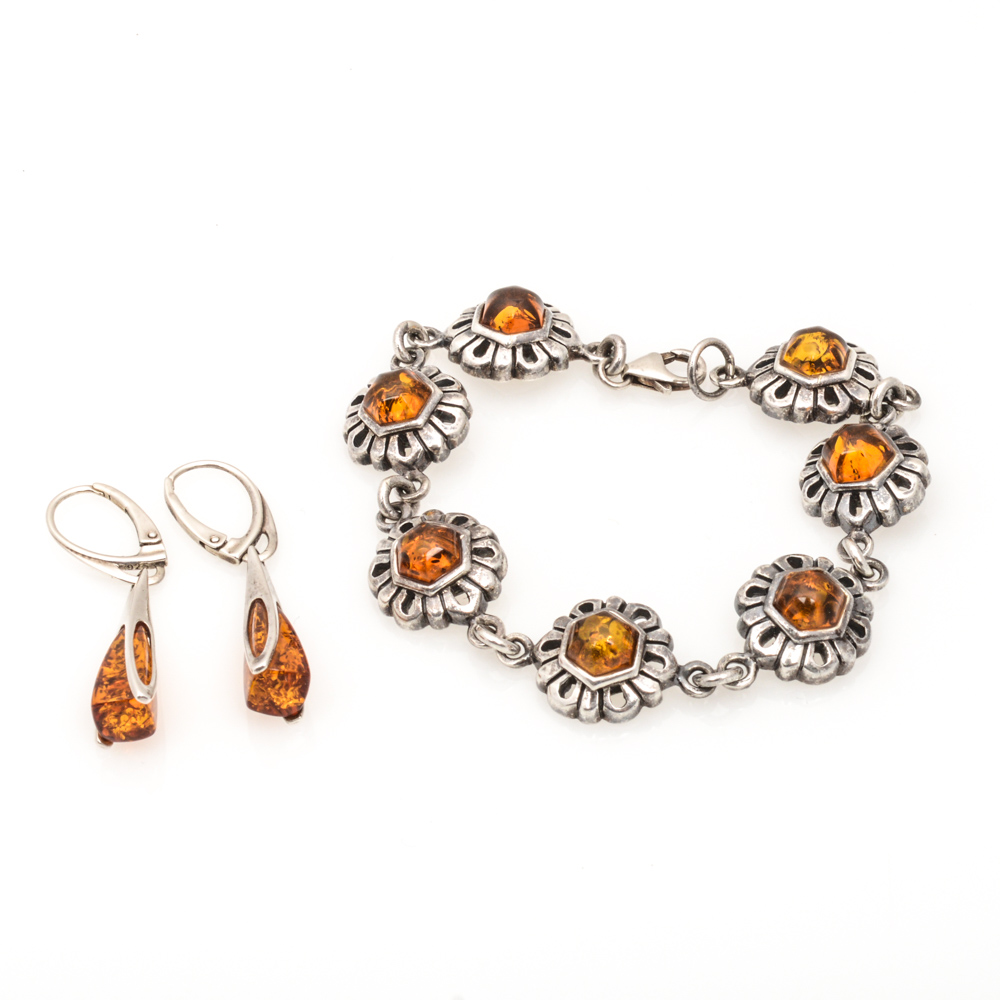 Sterling Silver And Natural Amber Set
