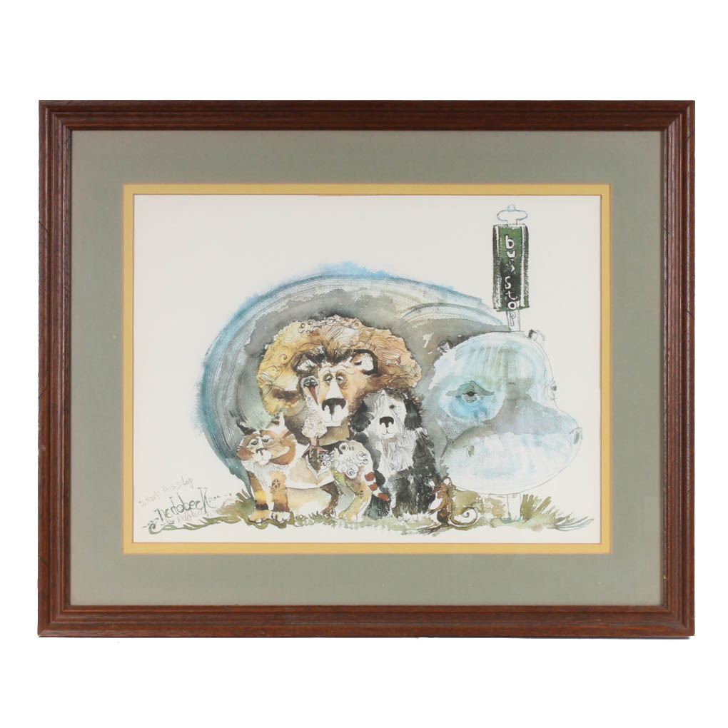 Don Nedobeck Offset Lithograph "Bus Stop"