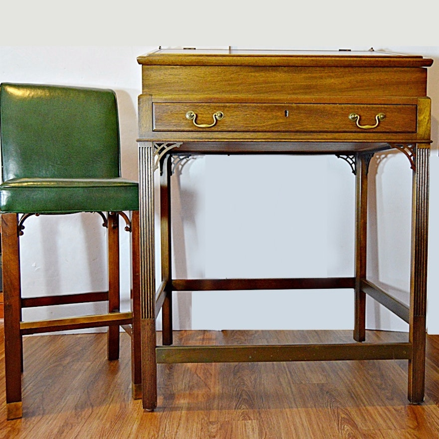 Chippendale Style Walnut Standing Desk and Green Leather Stool