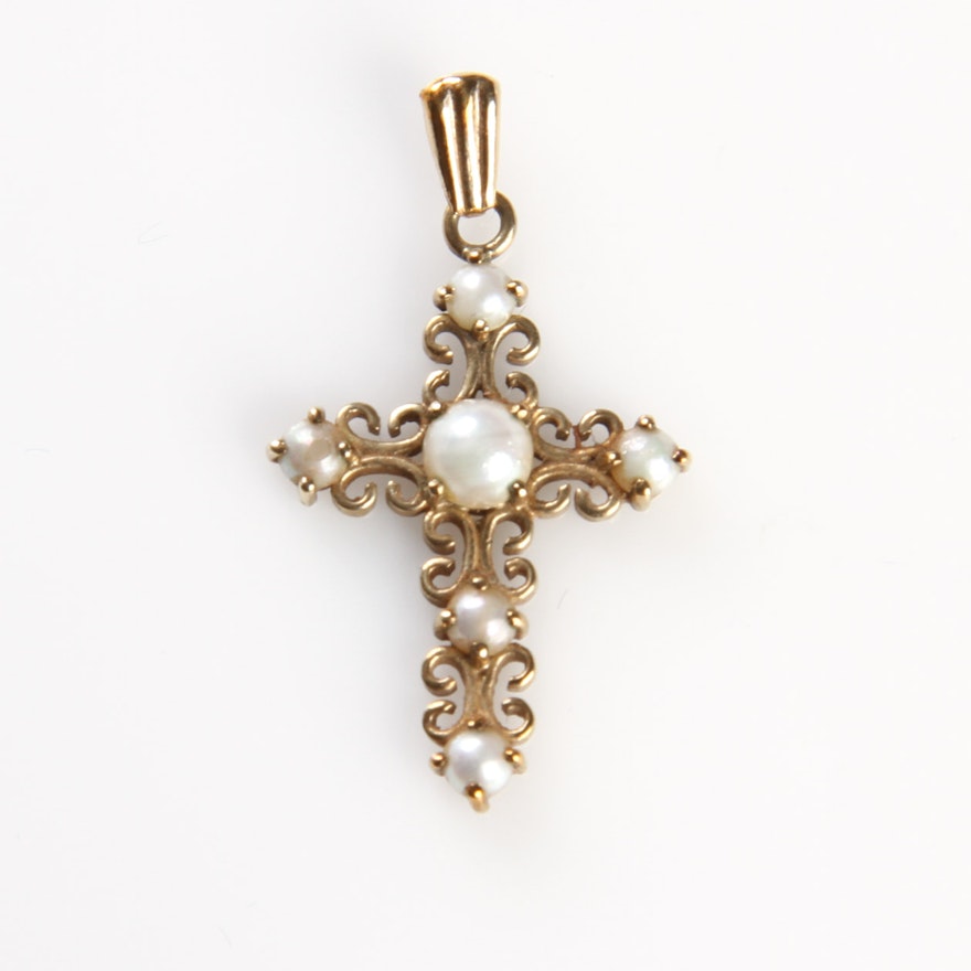 9K Yellow Gold and Mabe Pearl Cross Pendant