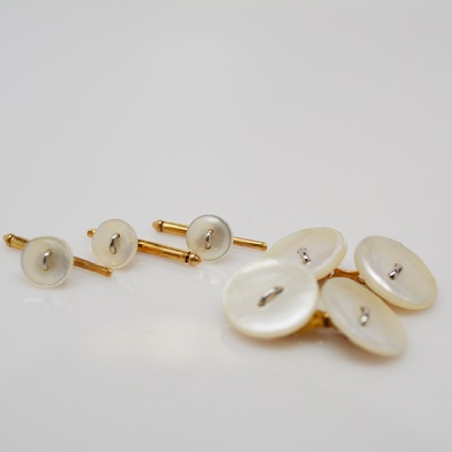 14K Yellow Gold Mother of Pearl Tuxedo Cufflinks and Three Shirt Stud Set