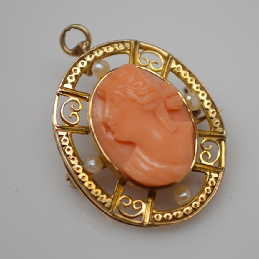 10K Yellow Gold Natural Freshwater Pearl and Shell Cameo Brooch/Pendant