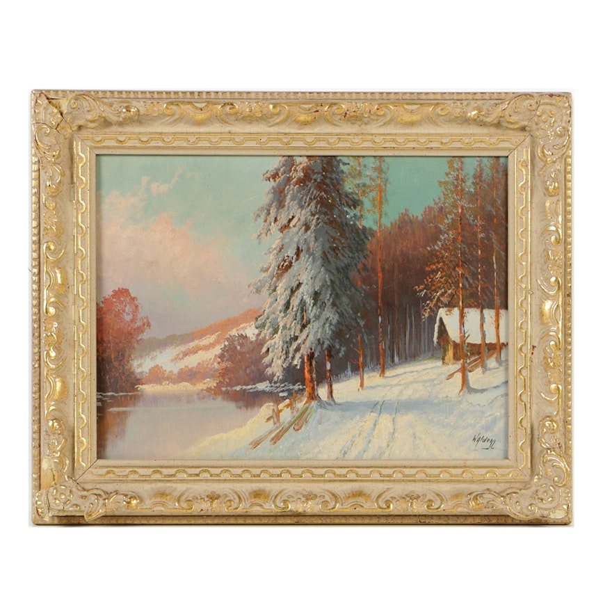 Franz Waldegg Oil Painting on Canvas "Winter Landscape"