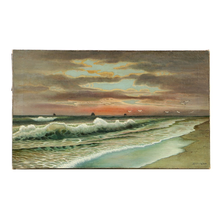 Early 20th-Century Oil Painting on Canvas of Beach Landscape