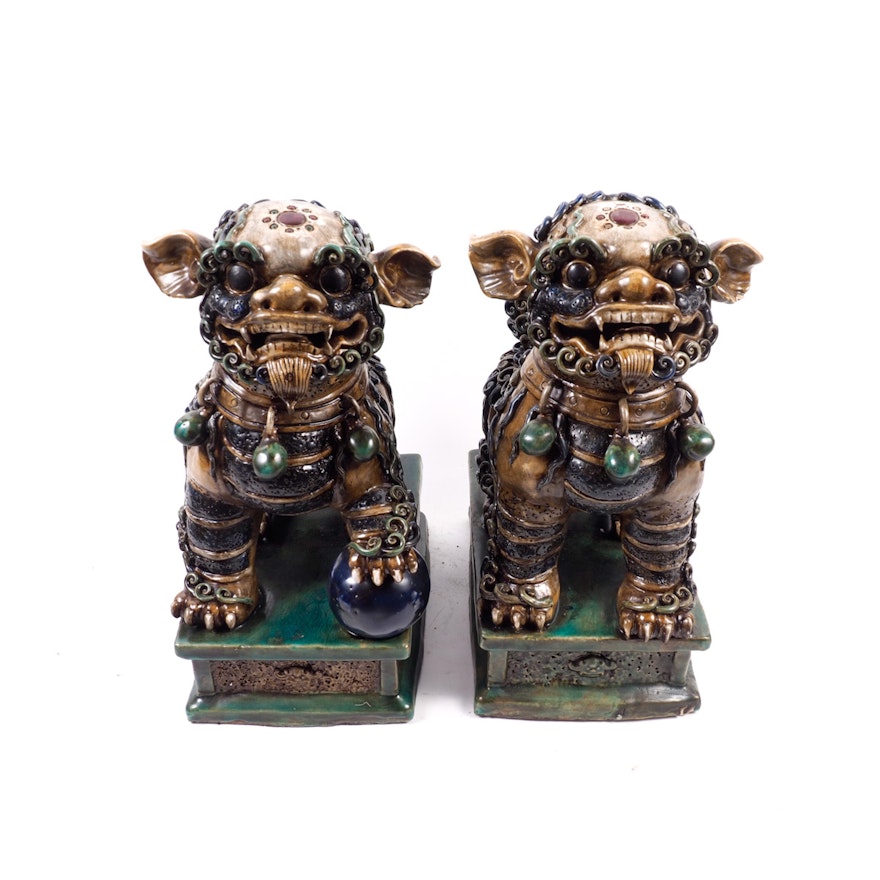 Two Hand Painted Ceramic Imperial Lion Statues