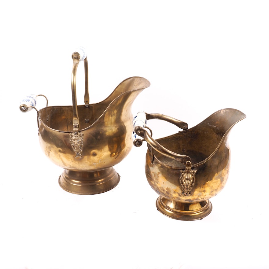 Two Large Brass Bath Pitchers with Porcelain Handles