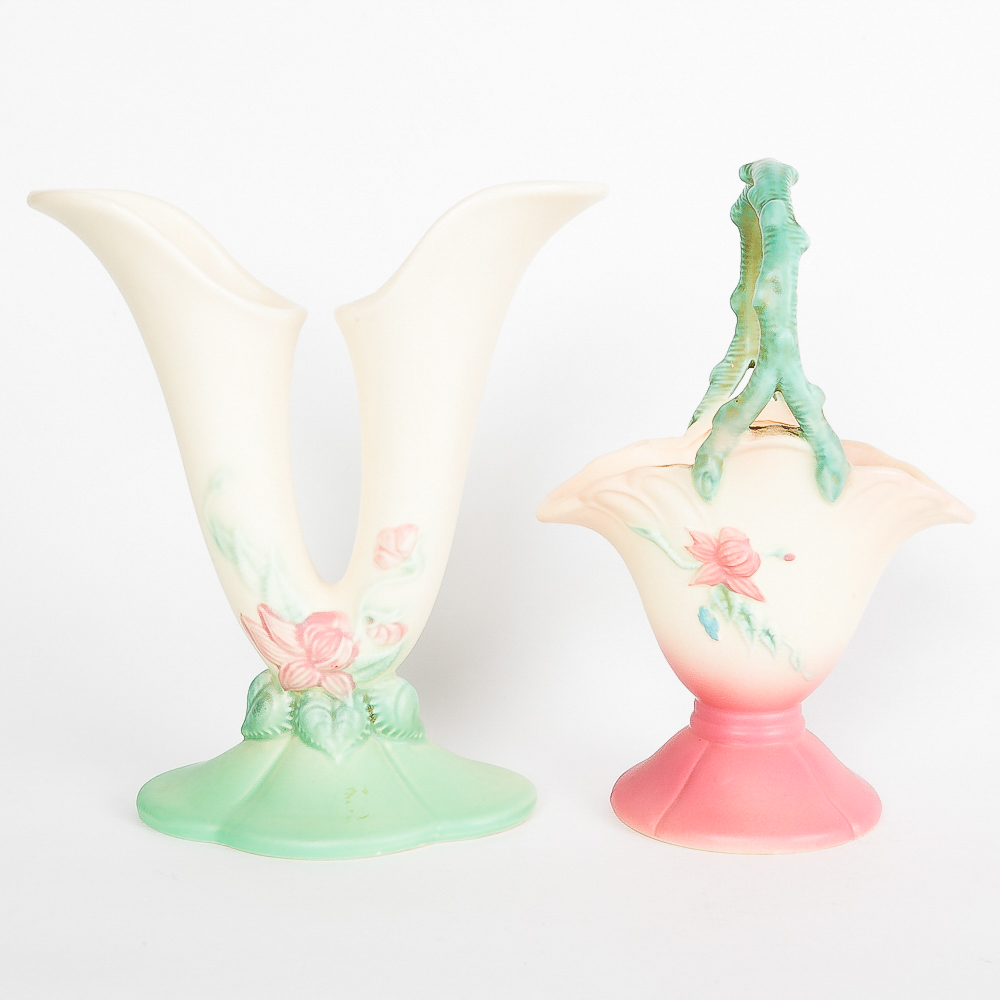 Hull Pottery Vase in "Wildflower" and Basket in "Woodland" Pattern