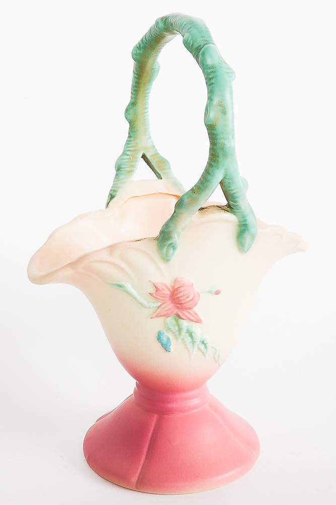 Hull Pottery Vase in "Wildflower" and Basket in "Woodland" Pattern