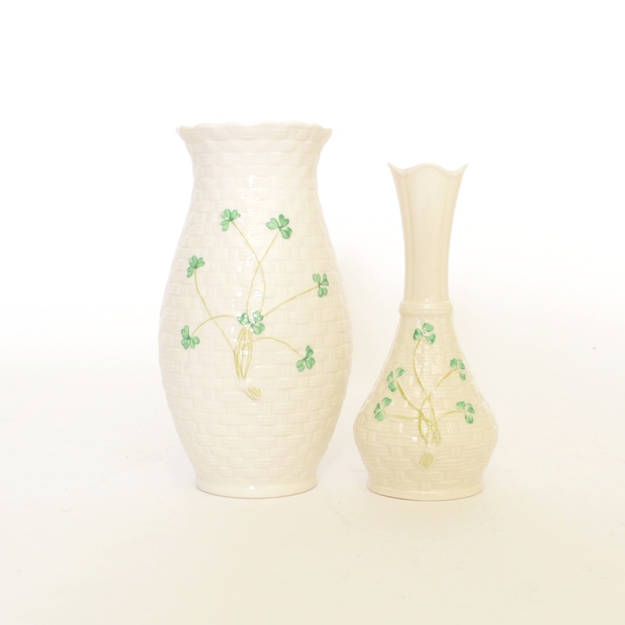 Pair of Belleek Shamrock Vases