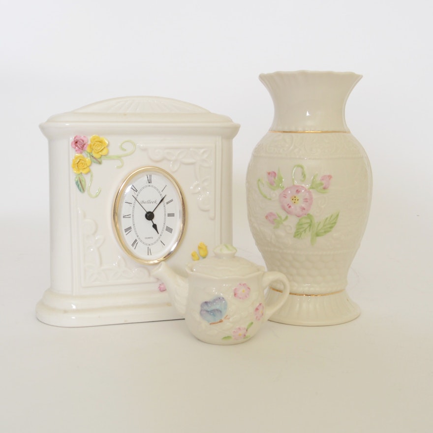 Belleek Mantel Clock, Vase and Creamer